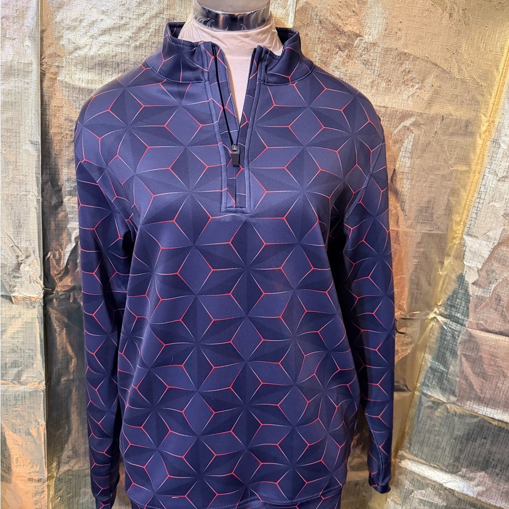 Navy and Red Geometric Women's Zip Up Top